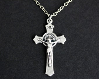 Crucifix Necklace. Catholic Necklace. St Benedict Crucifix Charm Necklace. INRI Necklace. Silver Necklace. Christian Jewelry.