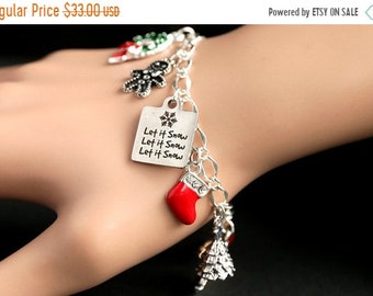 SUMMER SALE Christmas Bracelet. Let it Snow Charm Bracelet. Holiday Bracelet. Silver Bracelet. Christmas Jewelry. Xmas Holiday Jewelry.