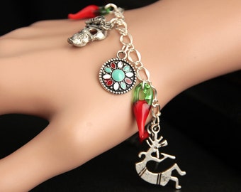 Chili Pepper Bracelet. Love Mexico Charm Bracelet. Dia de Muertos Bracelet. Day of the Dead Jewelry. Silver Bracelet. Handmade Jewelry.