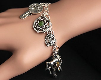 American Indian Bracelet.  Native American Charm Bracelet. First Nations Native Bracelet. Silver Bracelet. Handmade Jewelry.