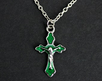 Emerald Green Cross Necklace. Christian Necklace. Green Enamel Crucifix Necklace. Silver Necklace. Christian Jewelry. Handmade Jewelry.