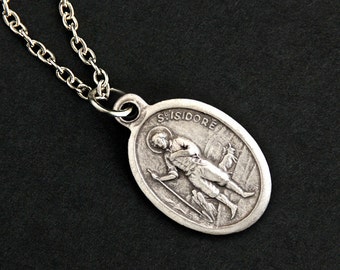 Saint Isidore Necklace. Catholic Saint Necklace. St Isidore Medal Necklace. Patron Saint Necklace. Catholic Jewelry. Religious Jewelry.