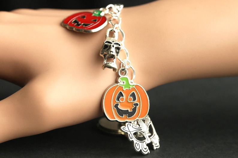 Pumpkin Bracelet. Halloween Bracelet v2. Jack o'Lantern Bracelet. Silver Bracelet. Halloween Jewelry. Charm Bracelet. Samhain Bracelet. image 7