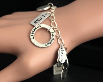 Sobriety Bracelet.  12 Step Program Charm Bracelet. Silver Bracelet. Sobriety Affirmation Jewelry. Handmade Jewelry.