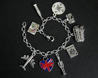 London Bracelet. United Kingdom Charm Bracelet. Great Britain Bracelet. England Bracelet. UK Bracelet. Travel Bracelet. Silver Bracelet.