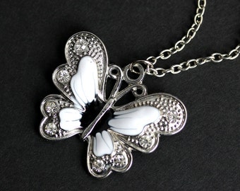 Butterfly Necklace. Rhinestone and Enamel Butterfly Charm Necklace. Silver Butterfly Necklace. Silver Necklace. Handmade Necklace.