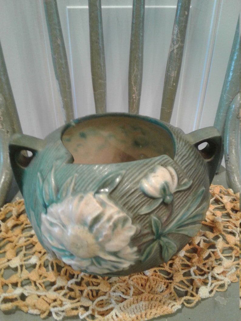 Vintage Roseville Peony Green Rose Bowl427-4