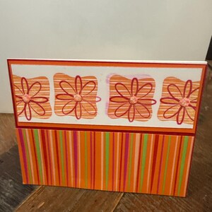 Handmade Greeting Card – Bright Stripes & Flowers – Orange and Pink Blank Note Card