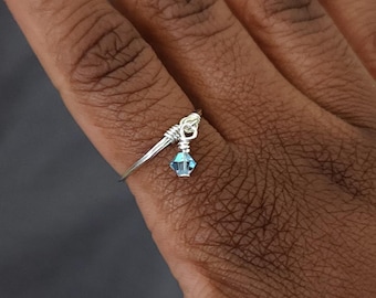 Sterling Silver Dangle Ring, Crystal Charm Wire Ring