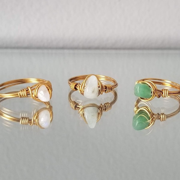 Chunky Gemstone Wire Ring, Anti-Tarnish Brass Ring