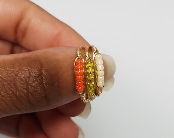 Dainty Beaded Gold Wire Ring, Stacking Rings