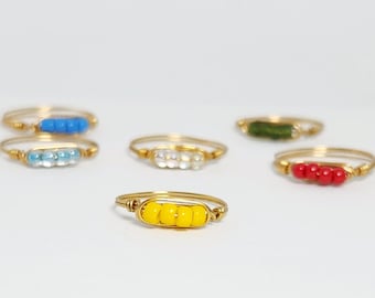 Large Seed Bead Gold Wire Ring, Stacking Rings, Beaded Rings