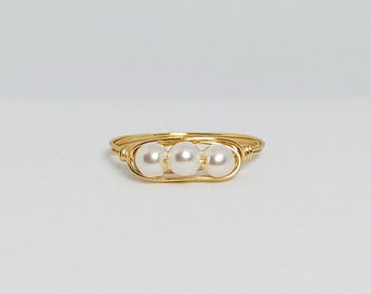 Multi Pearl Crystal Gold Wire Ring, Stacking Rings