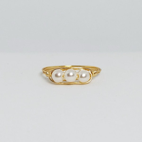 Multi Pearl Crystal Gold Wire Ring, Stacking Rings