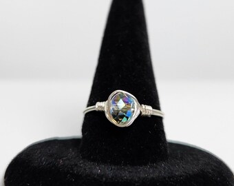 Oval Crystal Silver Wire Ring, Purple Oval, Gray Oval