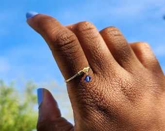 Crystal Charm Gold Ring, Dainty Dangle Wire Ring