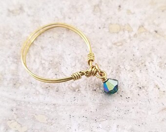 Crystal Charm Gold Wire Ring, Dainty Dangle Wire Ring