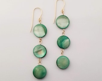 Green Pearl Gold Dangle Earrings, 14k Gold Filled Earrings