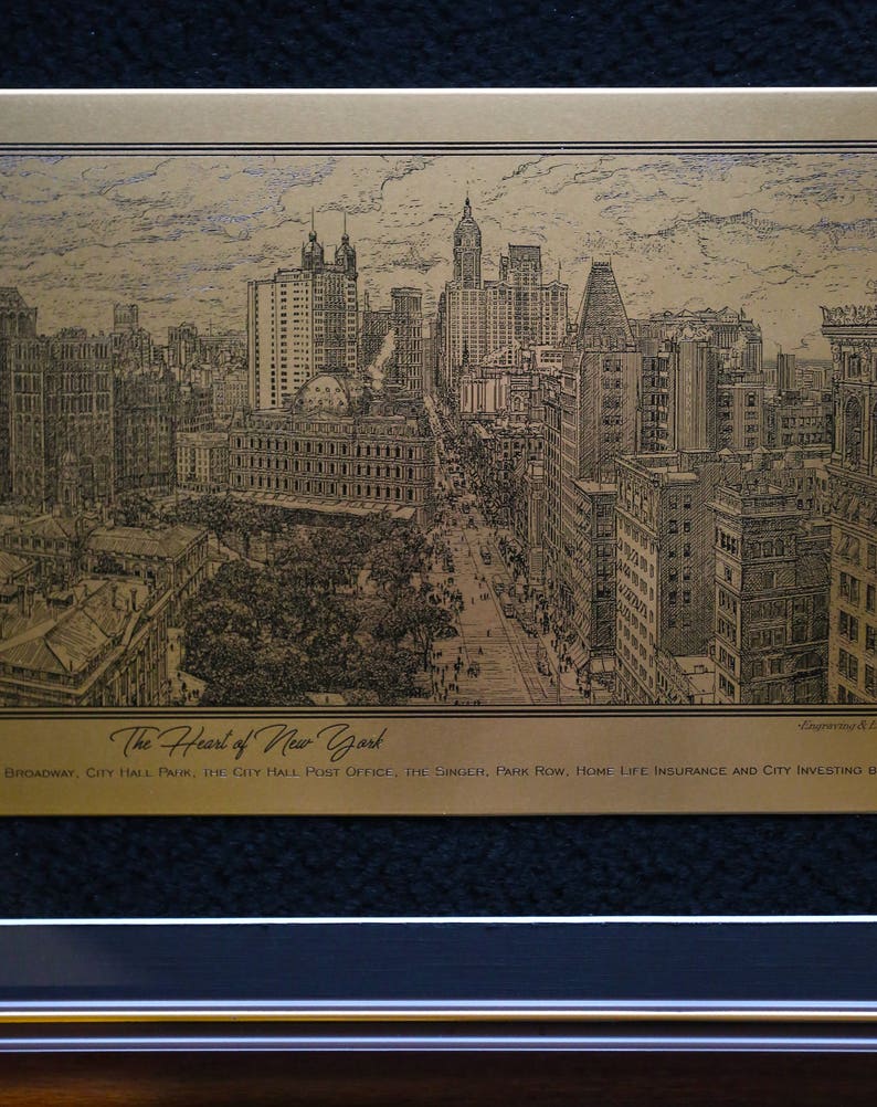 Etching Brass plate The Heart of New York Original Aert. Manhattan circa 1908