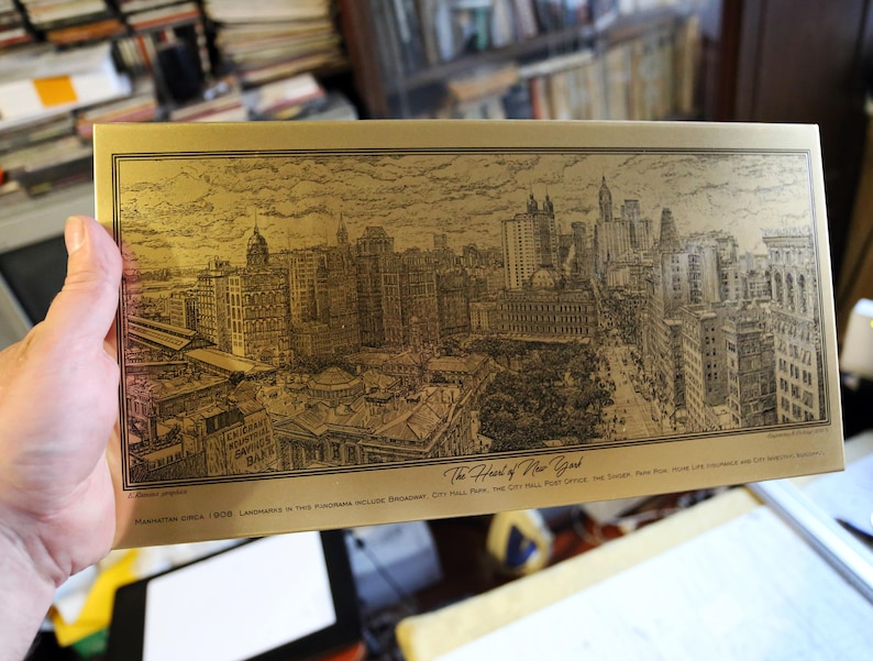 Etching Brass plate The Heart of New York Original Aert. Manhattan circa 1908