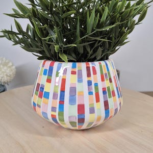May include: A ceramic plant pot with a colourful, geometric pattern of vertical rectangles in various colours. The pot contains a vibrant green plant with long, slender leaves. The pot sits on a light-coloured wooden surface.