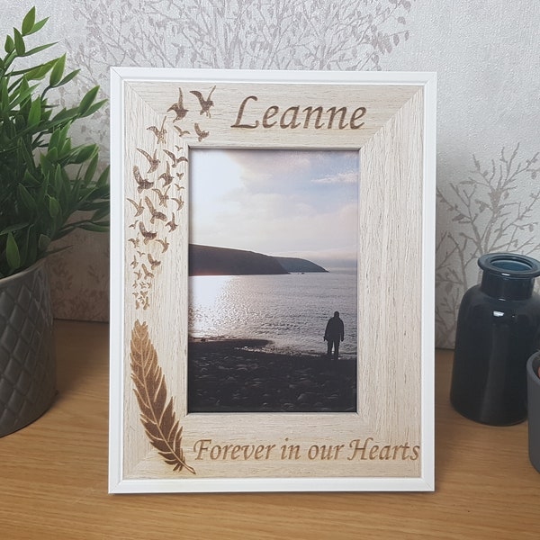 Memorial Personalised Photo Frame, Lost loved one, Wedding Memorial Tribute, Angel Baby, Funeral Gift, Feather and Wing design or just text