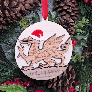 Christmas Welsh Dragon Wooden Christmas Tree Bauble Gift, Cymru Hanger, Nadolig Llawen or Add Own Text, Welsh Rugby or Football Fan Gift