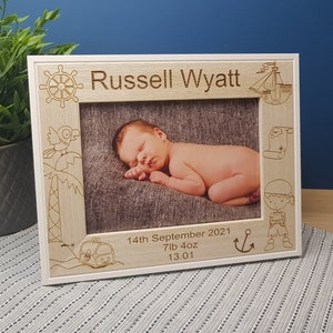 Children&#39;s Personalised Photo Frame, Pirate Treasure Island Themed for Nursery or gift for Baby, new Grandparents or Mothers, Add any Text