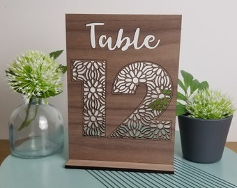 Wedding Wood Table Numbers, Free standing Table Names or Markers, Cut Out Flower Number Design, 4 different woods and order in Packs