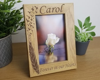 Memorial Photo Frame, Personalised Picture Sympathy Gift, Feather and Wing design, Forever in my Heart, Wedding Bereavement Tribute, Mum Dad