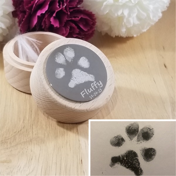 Pet Hair Memorial Box, Personalised with own Paw Print or Photo and add any text. Dog and Cat Memory Urn. In Loving Memory for Lost Pet