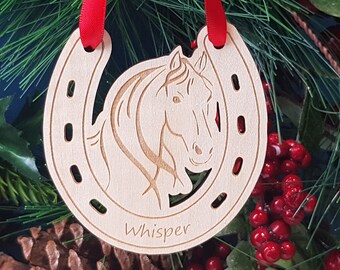 Horseshoe Christmas Tree Decoration, Horse Xmas Hanger for Horse Riders, Personalised Gift for Horse Owners, Add any Name, Wooden Ornament