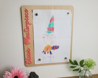 Personalised Childrens Art Display Board for A4 Paper, with Name and any Text, Landscape or Portrait. Kids Drawing or Certificate Frame