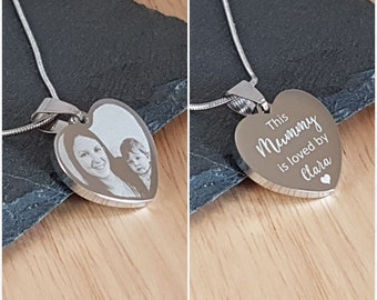 Personalised Photo /& Text Engraved Flared Heart Pendant Necklace Perfect Gift