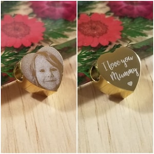 Personalised Gold Heart Charm Engraved Photo, For Girlfriend, Wife, Mummy, Grandma, Nan, Friend, Add any photo and text, Stainless Steel