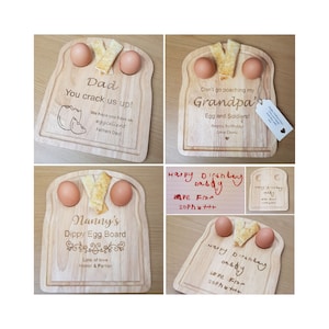 May include: A set of four wooden egg boards shaped like slices of toast. Each board has two indentations for eggs and a space for a slice of toast. The boards are personalized with different messages, including "Dad You Crack Us Up!" and "Don't Go Poaching My Grandpa's Egg and Soldiers!"