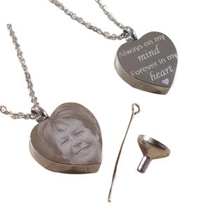 Personalised Photo Urn Necklace, Memorial Handwriting Pendant to hold Cremation Ashes, In Loving Memorial Heart with Chain, Add any Text