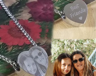 Personalised Photo Necklace, Small Heart Charm Engraved with any photo and text, Memorial Keepsake or Gift For Her. Stainless Steel Pendant