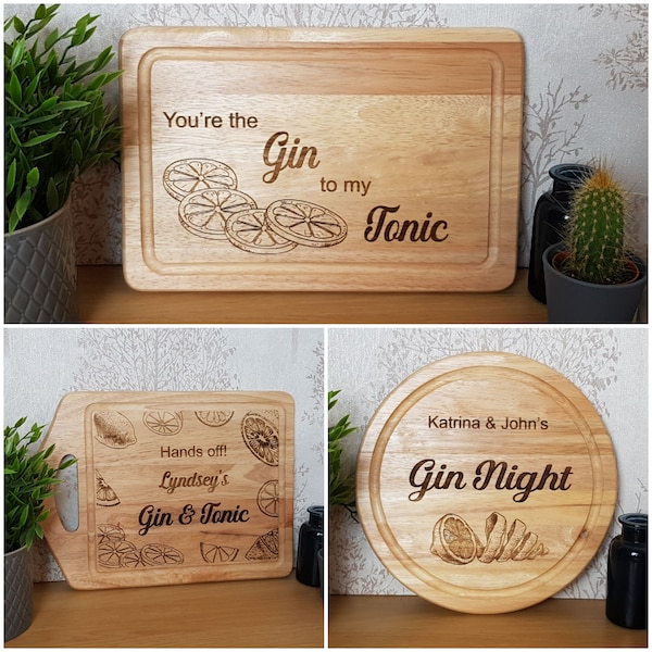 Valentines Gin Gift, Personalised G&T Lovers, Wooden Gift, Lemon design Wooden Chopping Board, Gin and Tonic Night, Add any Text