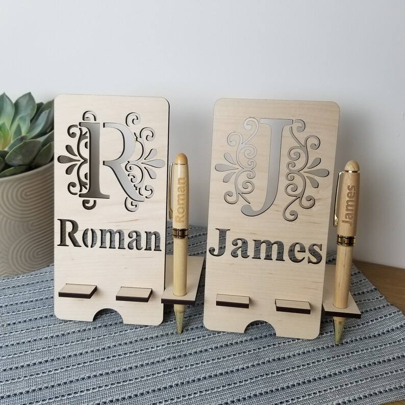 Name Initial Stand Mobile Phone Stand and Wood Pen - Personalised With Name and Initial ...