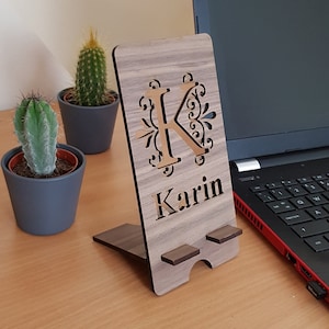 Mobile Phone Stand - Personalised with Name and Initial - Available in Wood Veneer or Acrylic - Fits Most Types of Phones, Office Desk Gift