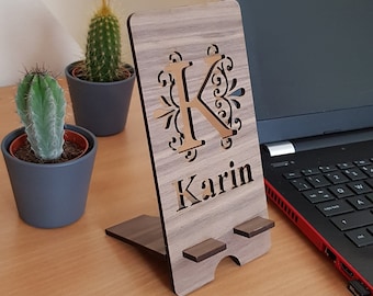 Mobile Phone Stand - Personalised with Name and Initial - Available in Wood Veneer or Acrylic - Fits Most Types of Phones, Office Desk Gift