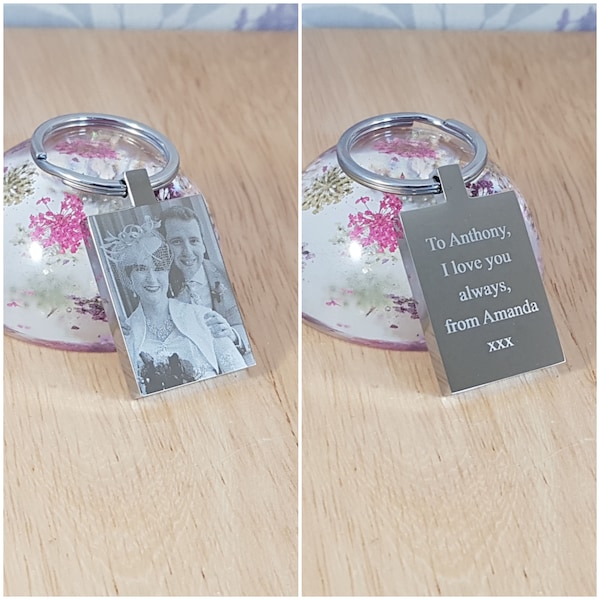 Photo Keyring, Engrave your own photo, hand and footprints or handwriting, Personalized Gift for him, First Home, Daddy, Mummy, Uncle, Aunty