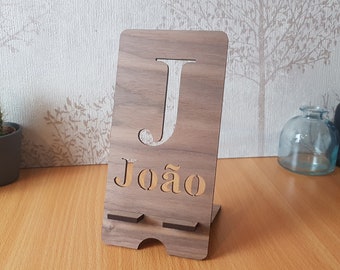 Mobile Phone Stand - Personalised with Name and Initial - Available in Wood Veneer or Acrylic - Fits Most Types of Phones, Office Desk Gift