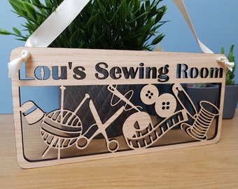 Sewing Room Name Door Plaque / Hanger Personalised with Name or Shop Name, Mothers Day Gift for Knitter, Seamstress, Sewer, Crafter.