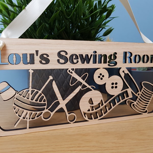 Sewing Room Name Door Plaque / Hanger Personalised with Name or Shop Name, Mothers Day Gift for Knitter, Seamstress, Sewer, Crafter.