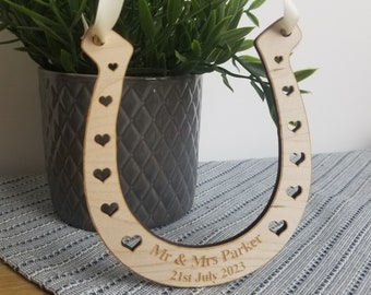 Traditional Wooden Horseshoe with any Names and Date, Lucky Charm Personalised Wedding Gift for Bride and Groom, add any Text Something Blue