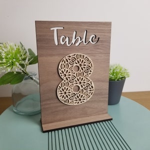 Wedding Wood Table Numbers, Free standing Rustic Table Names or Markers, Any Colour Flower Number Design, 4 different woods, comes in Packs