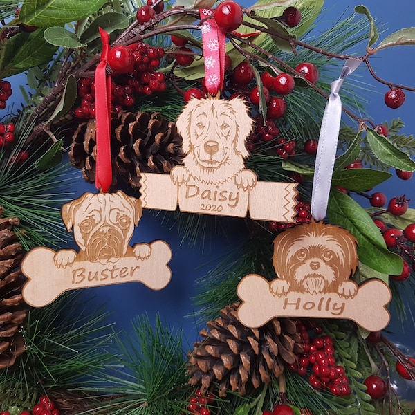 Personalised Dog Name Hanger, Christmas Tree Dog Bone Decoration, Huge Range of Breeds, Xmas Gift for Dog Lover Retriever, Shih Tzu, Terrier