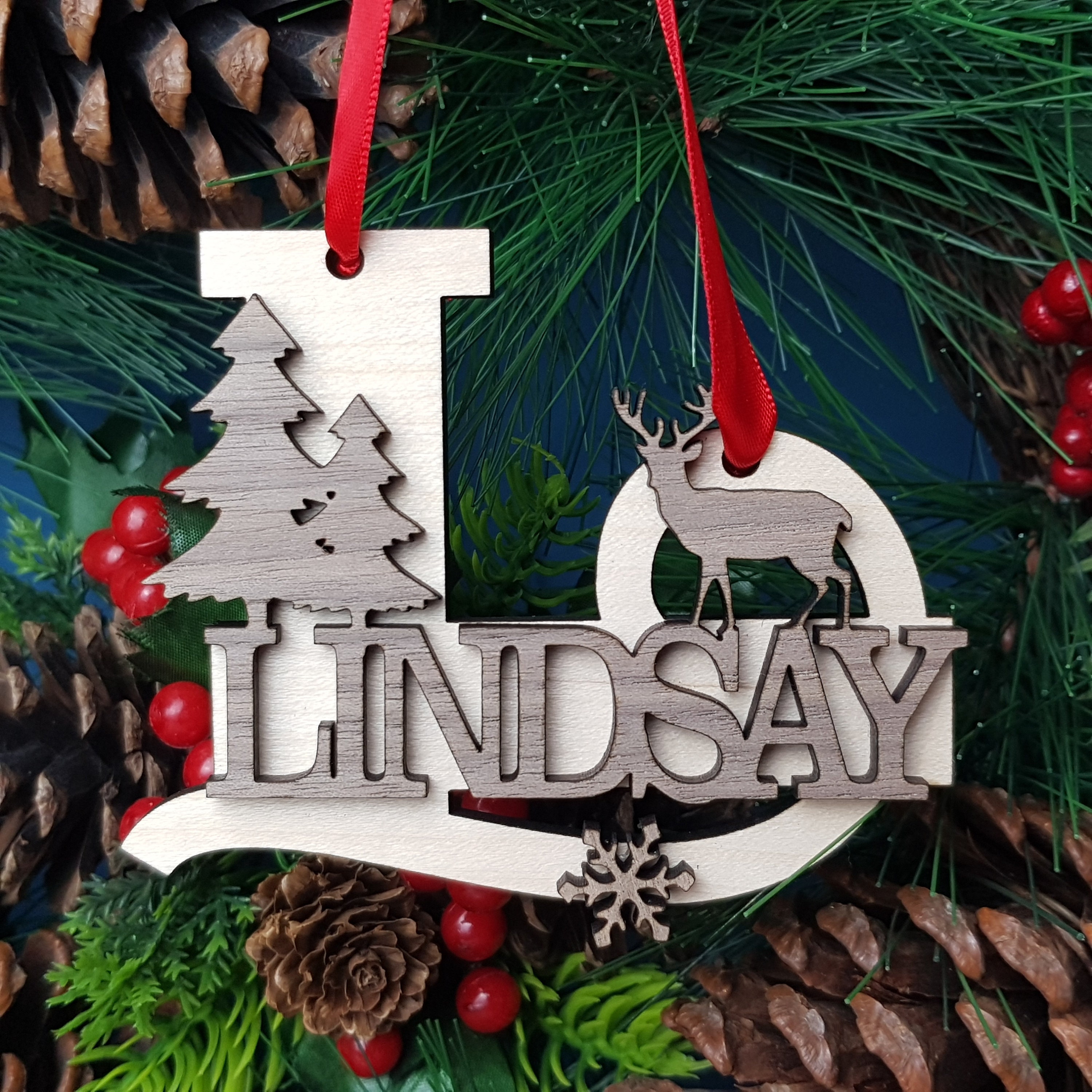 Reindeer Christmas Tree Decoration, Personalised Xmas Hanger with Initial and Name, Childrens Keepsake, Stocking Filler Gift, Name Present